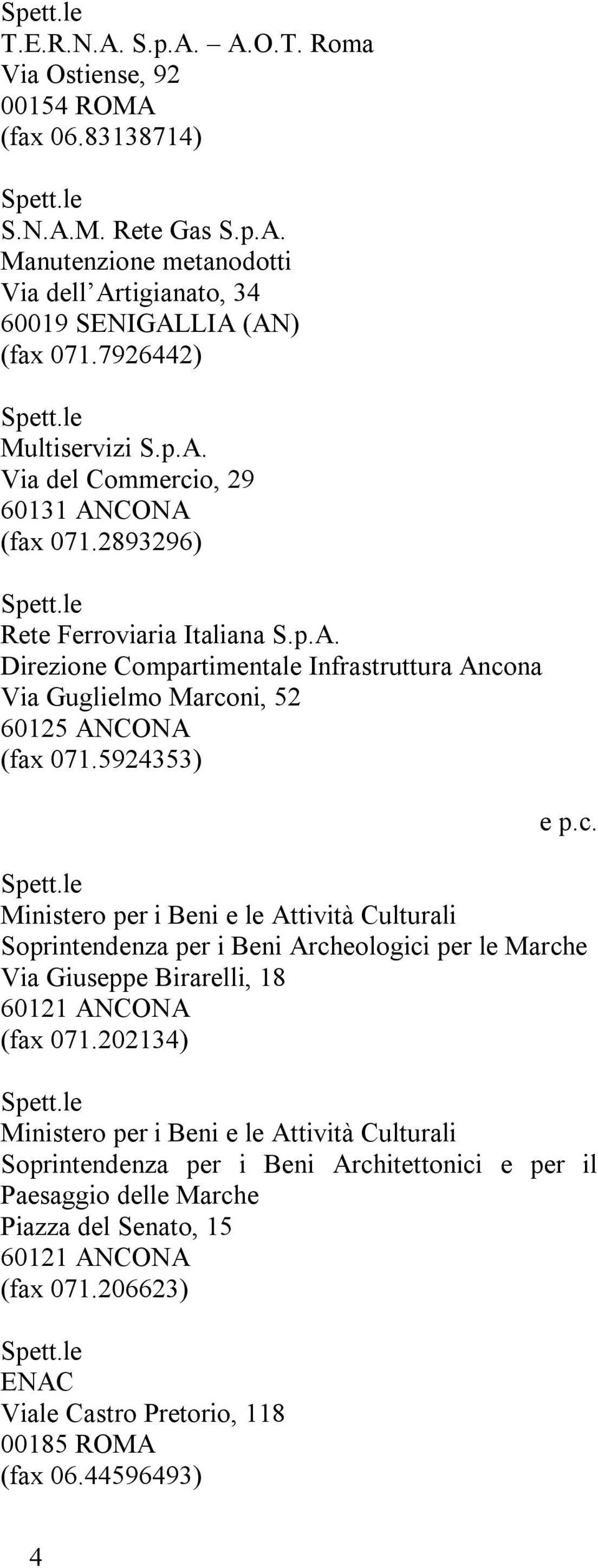 5924353) e p.c. Ministero per i Beni e le Attività Culturali Soprintendenza per i Beni Archeologici per le Marche Via Giuseppe Birarelli, 18 60121 ANCONA (fax 071.