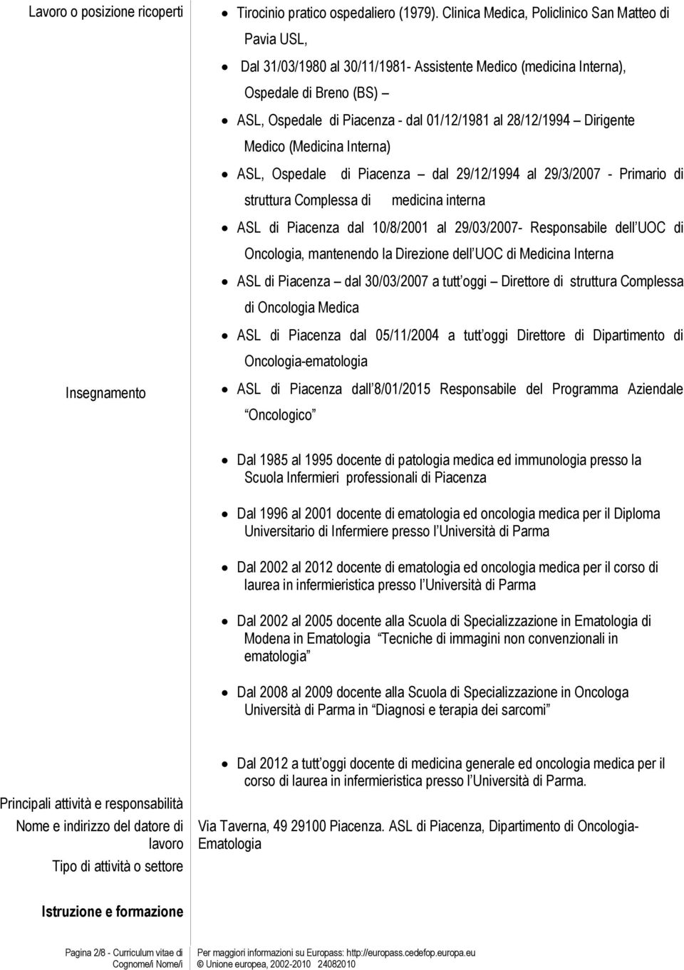 28/12/1994 Dirigente Medico (Medicina Interna) ASL, Ospedale di Piacenza dal 29/12/1994 al 29/3/2007 - Primario di struttura Complessa di medicina interna ASL di Piacenza dal 10/8/2001 al 29/03/2007-