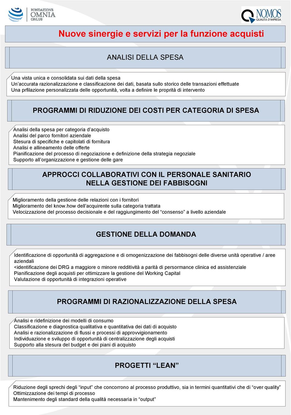 per categoria d acquisto Analisi del parco fornitori aziendale Stesura di specifiche e capitolati di fornitura Analisi e allineamento delle offerte Pianificazione del processo di negoziazione e