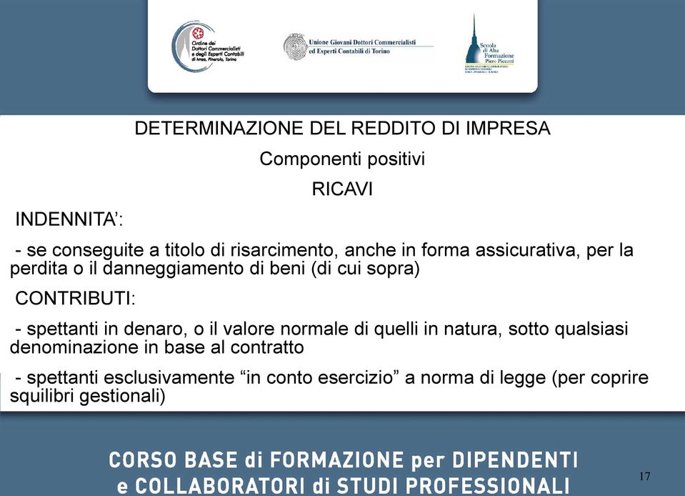 CONTRIBUTI: - spettanti in denaro, o il valore normale di quelli in natura, sotto qualsiasi denominazione in