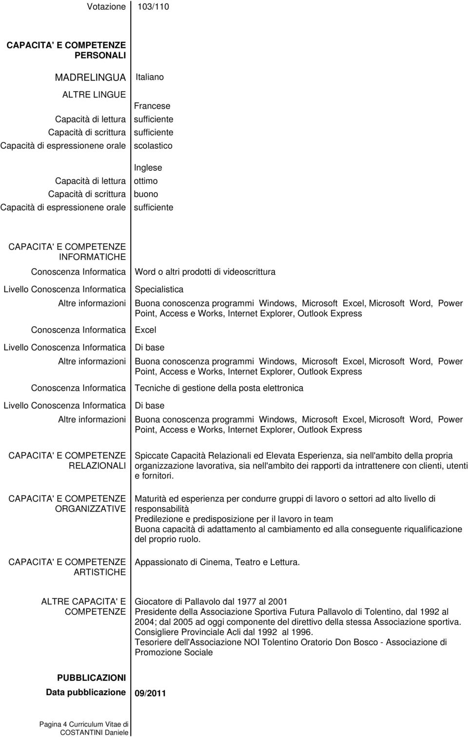 RELAZIONALI ORGANIZZATIVE ARTISTICHE Spiccate Capacità Relazionali ed Elevata Esperienza, sia nell'ambito della propria organizzazione lavorativa, sia nell'ambito dei rapporti da intrattenere con