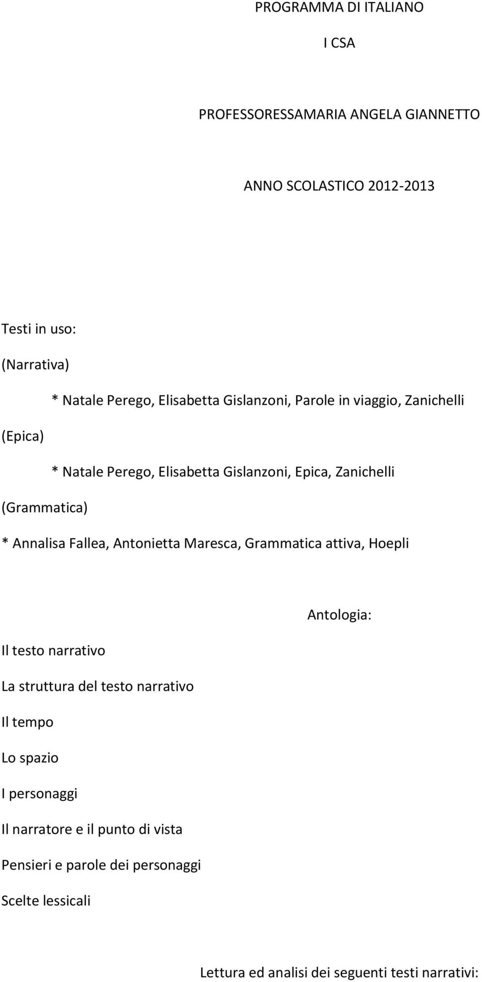 Annalisa Fallea, Antonietta Maresca, Grammatica attiva, Hoepli Antologia: Il testo narrativo La struttura del testo narrativo Il tempo Lo