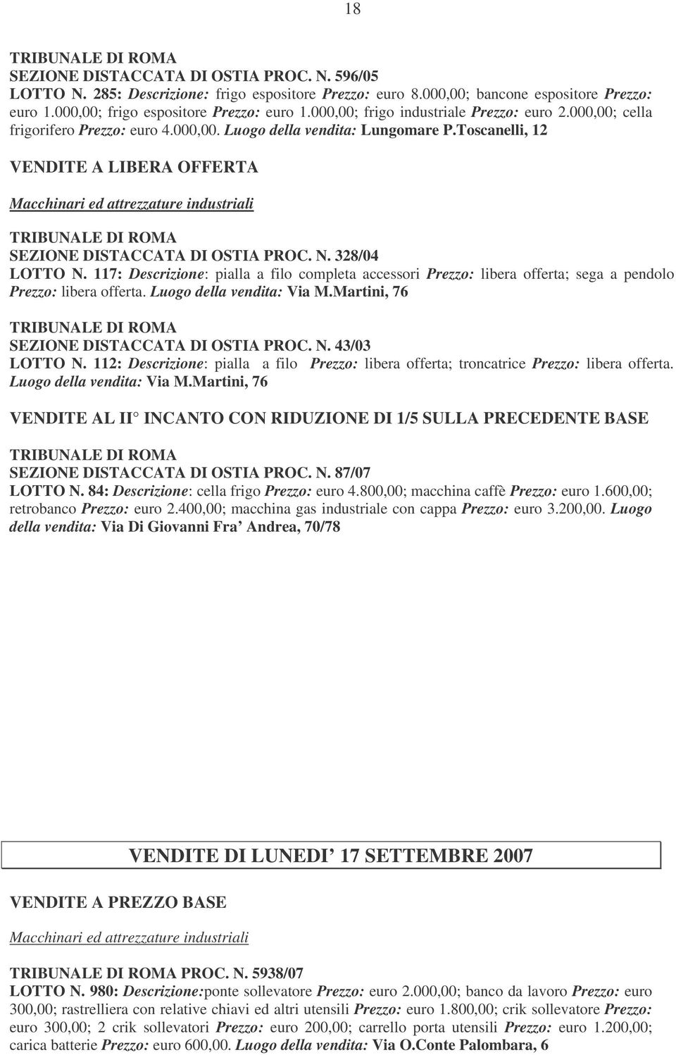 Toscanelli, 12 VENDITE A LIBERA OFFERTA Macchinari ed attrezzature industriali TRIBUNALE DI ROMA SEZIONE DISTACCATA DI OSTIA PROC. N. 328/04 LOTTO N.