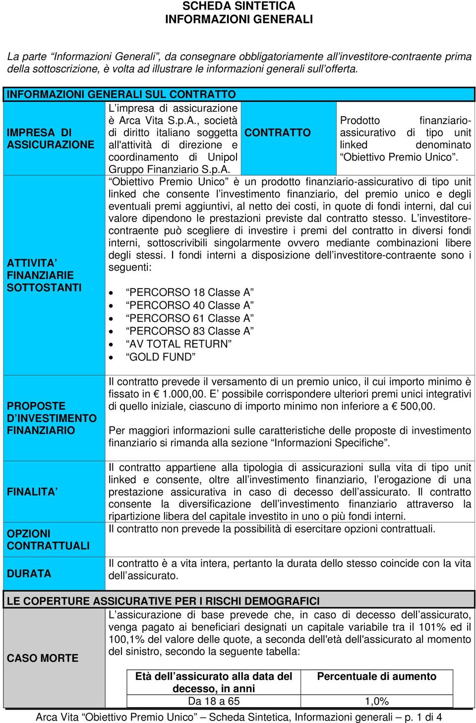 p.A. ATTIVITA FINANZIARIE SOTTOSTANTI CONTRATTO Prodotto finanziarioassicurativo di tipo unit linked denominato Obiettivo Premio Unico.