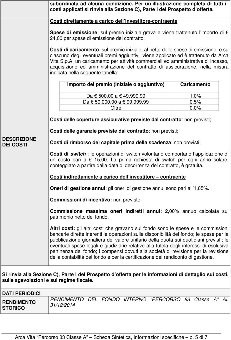 Costi di caricamento: sul premio iniziale, al netto delle spese di emissione, e su ciascuno degli eventuali premi aggiuntivi viene applicato ed è trattenuto da Ar