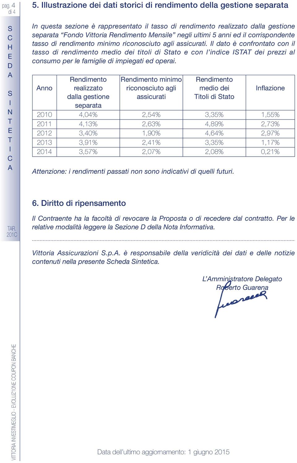 ultimi 5 anni ed il corrispondente tasso di rendimento minimo riconosciuto agli assicurati.