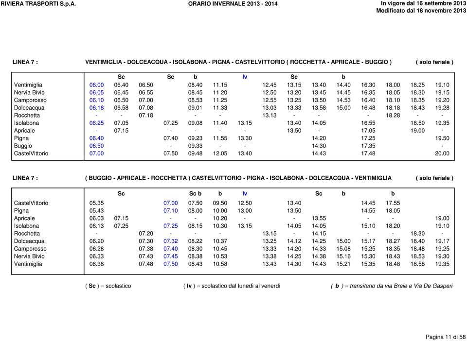55 13.25 13.50 14.53 16.40 18.10 18.35 19.20 Dolceacqua 06.18 06.58 07.08 09.01 11.33 13.03 13.33 13.58 15.00 16.48 18.18 18.43 19.28 Rocchetta - - 07.18 - - 13.13 - - - 18.28 - - Isolabona 06.25 07.