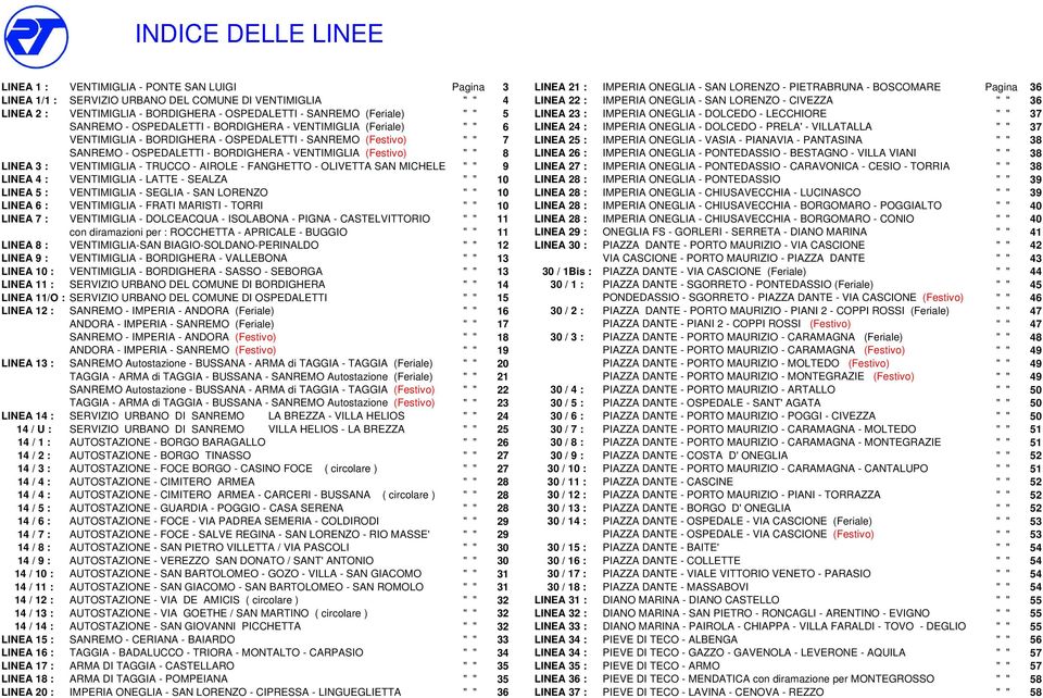 SANREMO - OSPEDALETTI - BORDIGHERA - VENTIMIGLIA (Feriale) " " 6 LINEA 24 : IMPERIA ONEGLIA - DOLCEDO - PRELA' - VILLATALLA " " 37 VENTIMIGLIA - BORDIGHERA - OSPEDALETTI - SANREMO (Festivo) " " 7