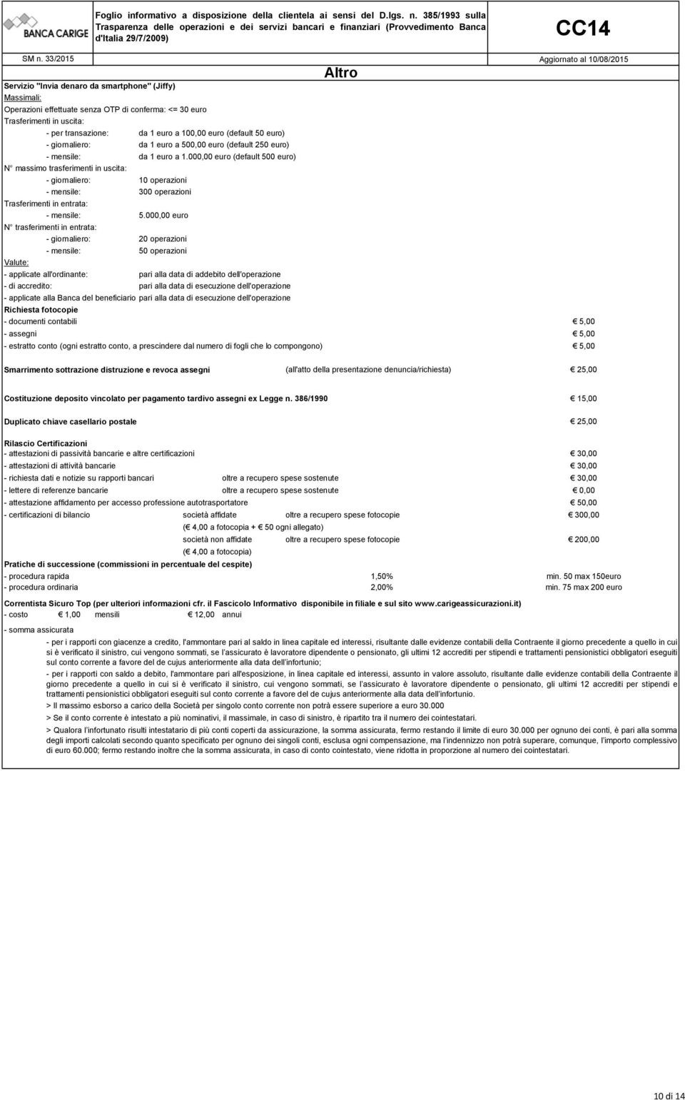 000,00 euro (default 500 euro) N massimo trasferimenti in uscita: - giornaliero: 10 operazioni - mensile: 300 operazioni Trasferimenti in entrata: - mensile: 5.