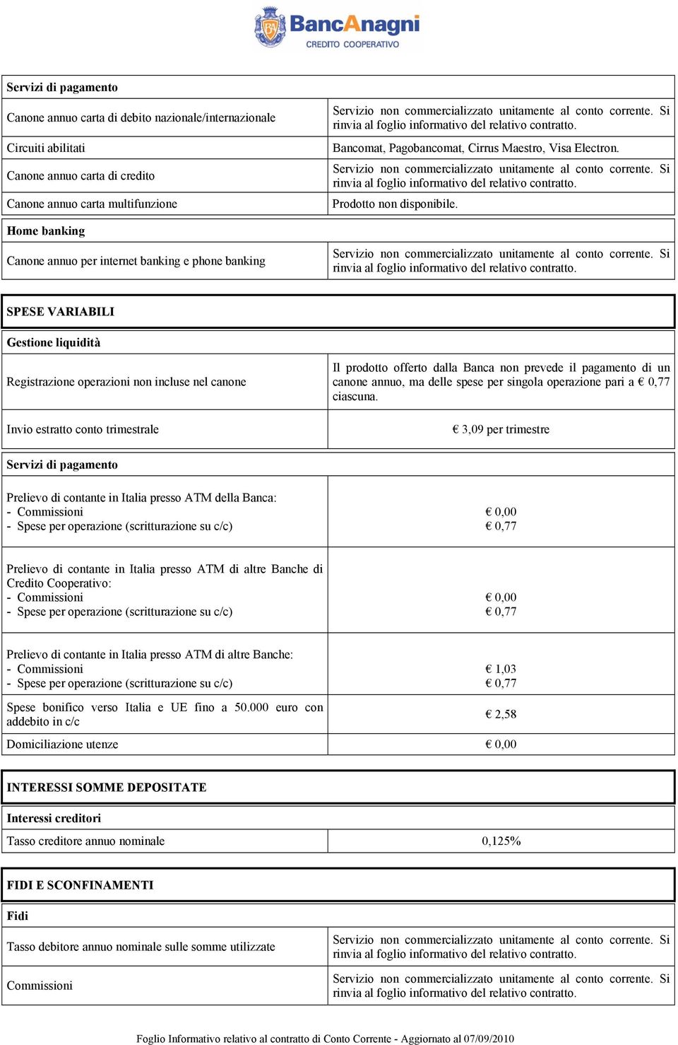 SPESE VARIABILI Gestione liquidità Registrazione operazioni non incluse nel canone Invio estratto conto trimestrale Il prodotto offerto dalla Banca non prevede il pagamento di un canone annuo, ma