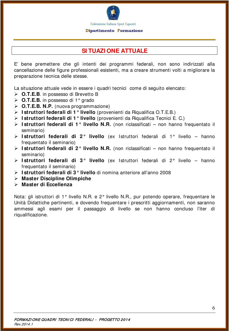 (nuova programmazione) Istruttori federali di 1 livello (provenienti da Riqualifica O.T.E.B.) Istruttori federali di 1 livello (provenienti da Riqualifica Tecnici E. C.