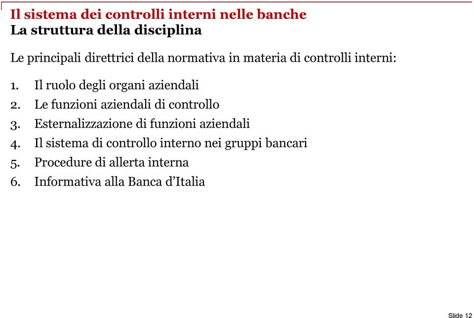 Le funzioni aziendali di controllo 3. Esternalizzazione di funzioni aziendali 4.