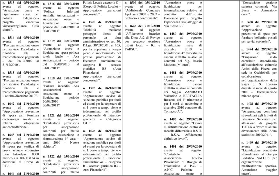 1515 del 05/10/2010 Proroga assunzione onere per servizio Data-Entry e rinotifica atti e rendicontazione pagamenti ottobre/dicembre 2010. n.