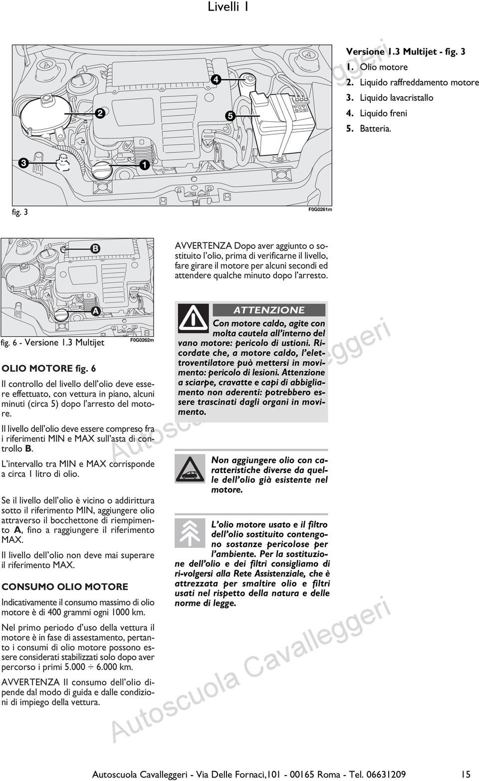 3 F0G0261m AVVERTENZA Dopo aver aggiunto o sostituito l olio, prima di verificarne il livello, fare girare il motore per alcuni secondi ed attendere qualche minuto dopo l arresto. fig. 6 - Versione 1.