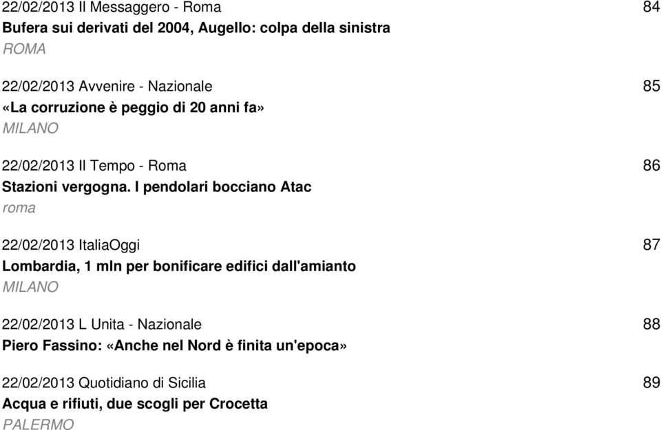 I pendolari bocciano Atac roma 22/02/2013 ItaliaOggi Lombardia, 1 mln per bonificare edifici dall'amianto MILANO 22/02/2013 L