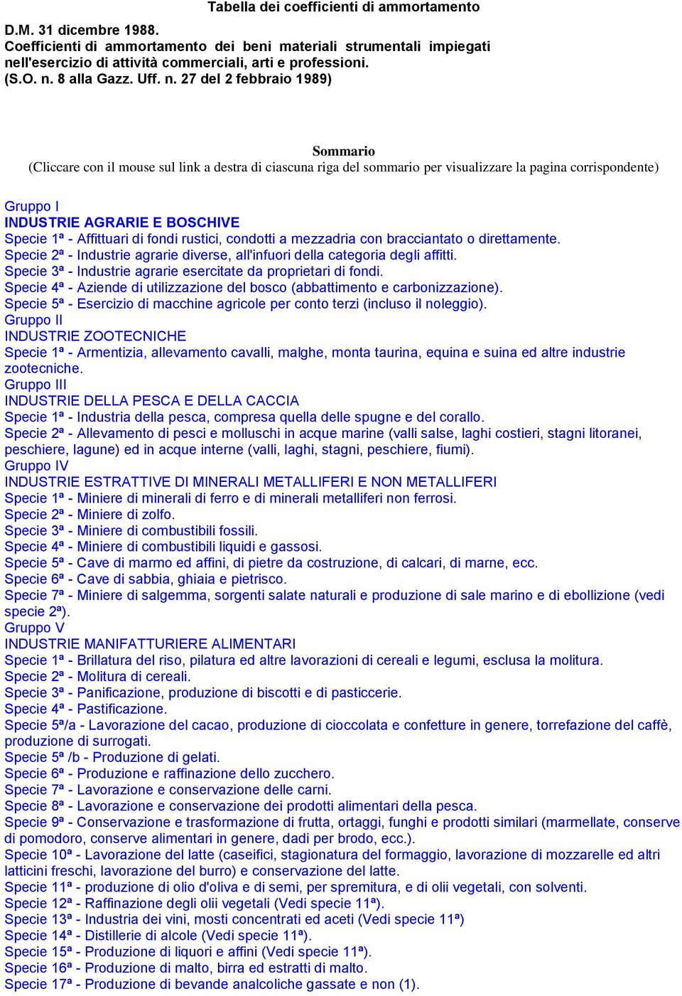 27 del 2 febbraio 1989) Sommario (Cliccare con il mouse sul link a destra di ciascuna riga del sommario per visualizzare la pagina corrispondente) Gruppo I INDUSTRIE AGRARIE E BOSCHIVE Specie 1ª -