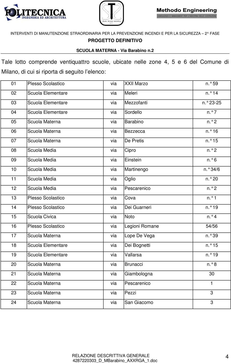 16 07 Scuola Materna via De Pretis n. 15 08 Scuola Media via Cipro n. 2 09 Scuola Media via Einstein n. 6 10 Scuola Media via Martinengo n. 34/6 11 Scuola Media via Oglio n.