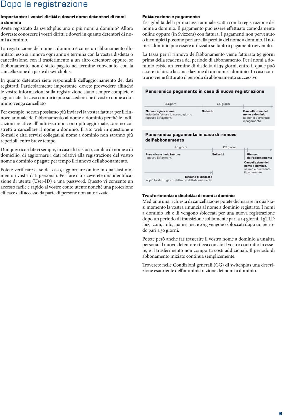 La registrazione del nome a dominio è come un abbonamento illimitato: esso si rinnova ogni anno e termina con la vostra disdetta o cancellazione, con il trasferimento a un altro detentore oppure, se