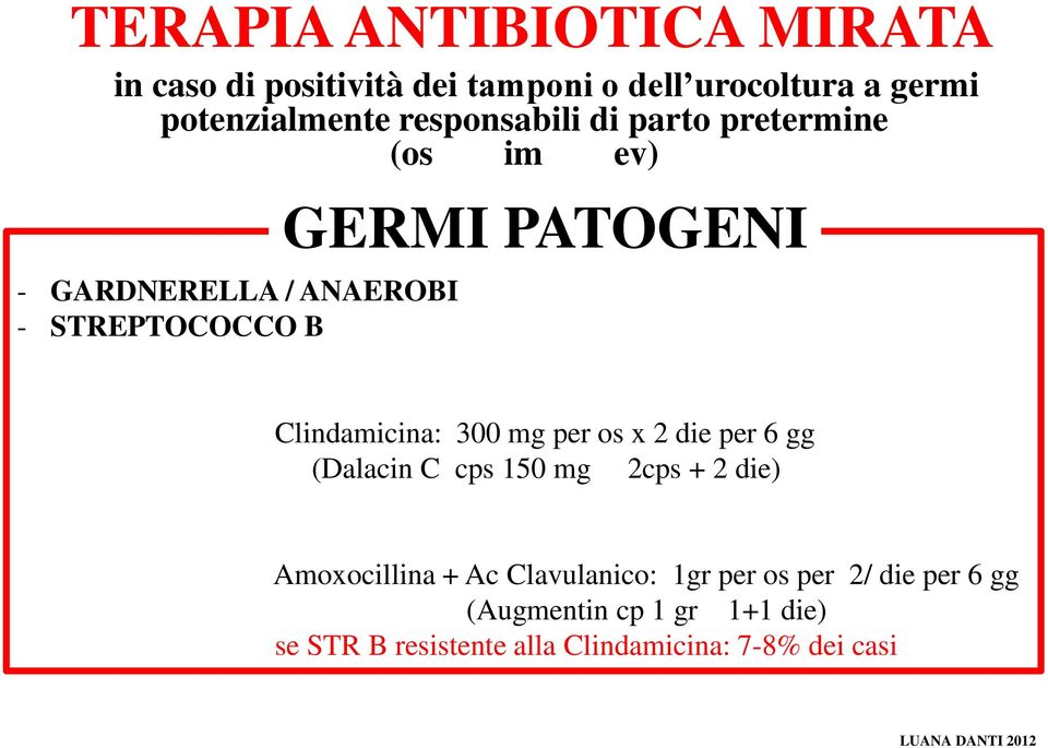 Clindamicina: 300 mg per os x 2 die per 6 gg (Dalacin C cps 150 mg 2cps + 2 die) Amoxocillina + Ac