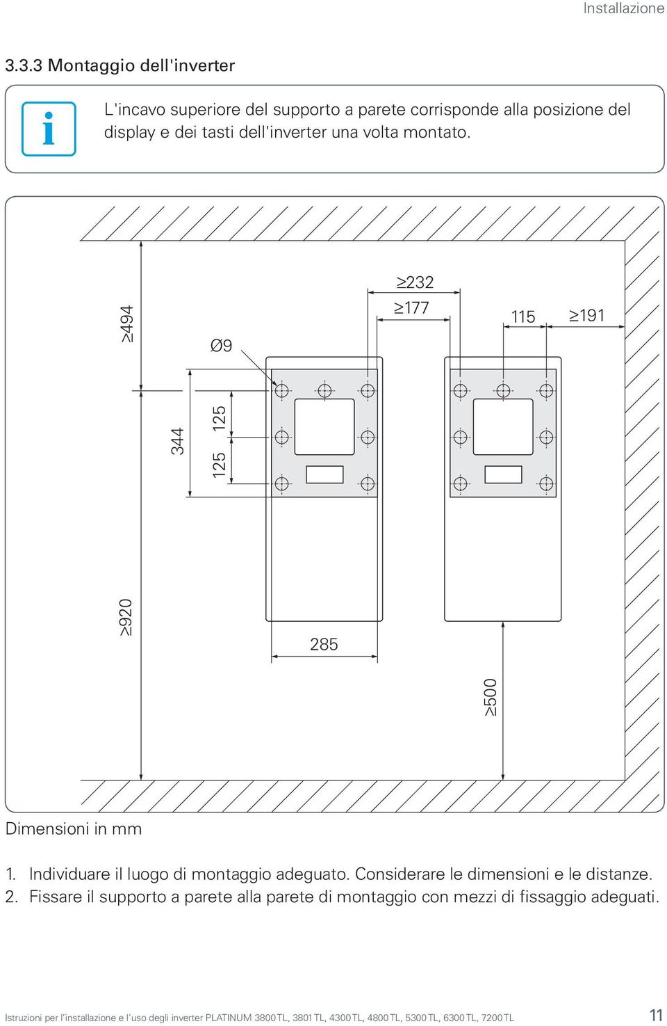 una volta montato. 232 494 Ø9 177 115 191 500 344 920 125 125 285 Dimensioni in mm 1. Individuare il luogo di montaggio adeguato.