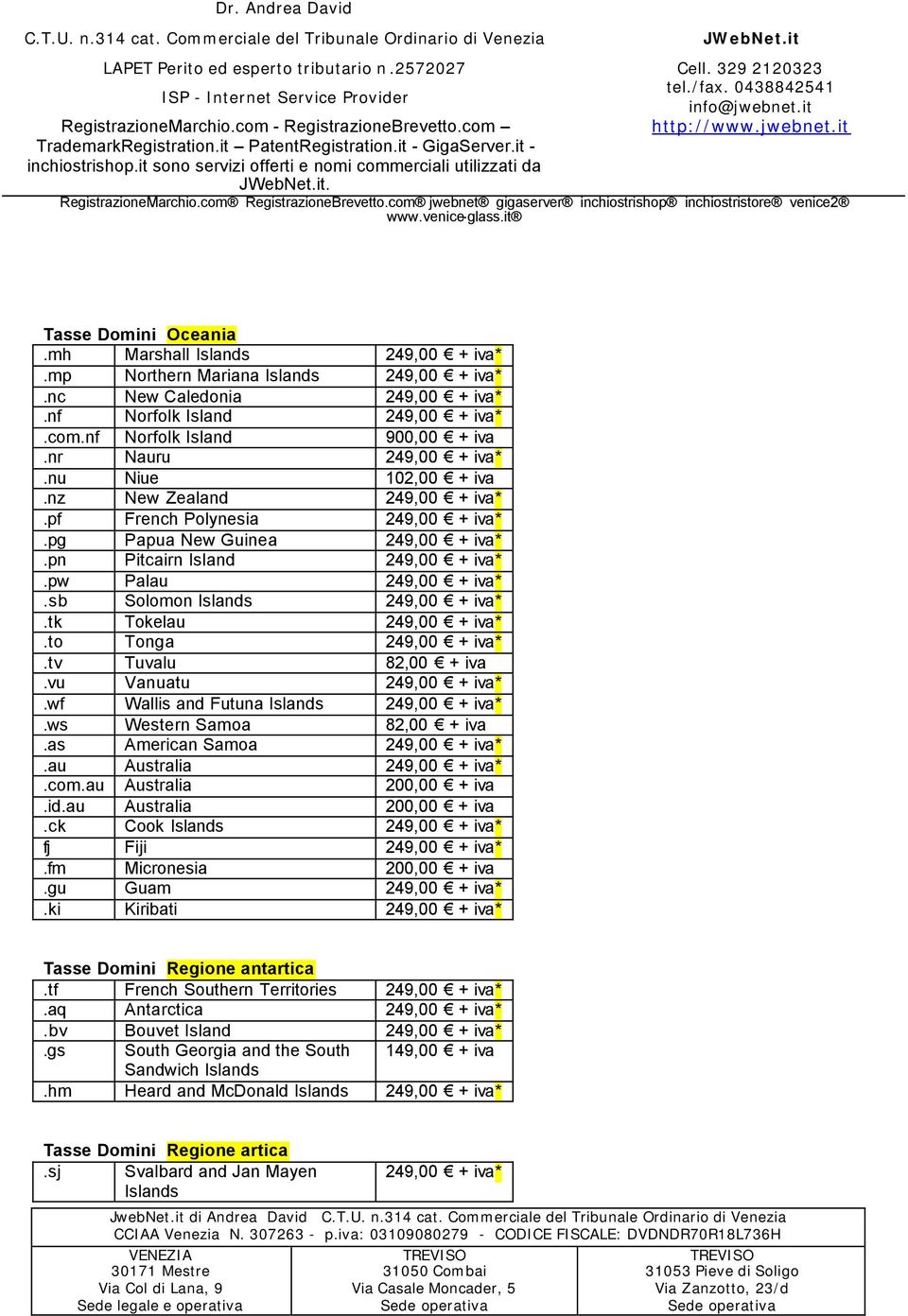 sb Solomon Islands 249,00 + iva*.tk Tokelau 249,00 + iva*.to Tonga 249,00 + iva*.tv Tuvalu 82,00 + iva.vu Vanuatu 249,00 + iva*.wf Wallis and Futuna Islands 249,00 + iva*.ws Western Samoa 82,00 + iva.