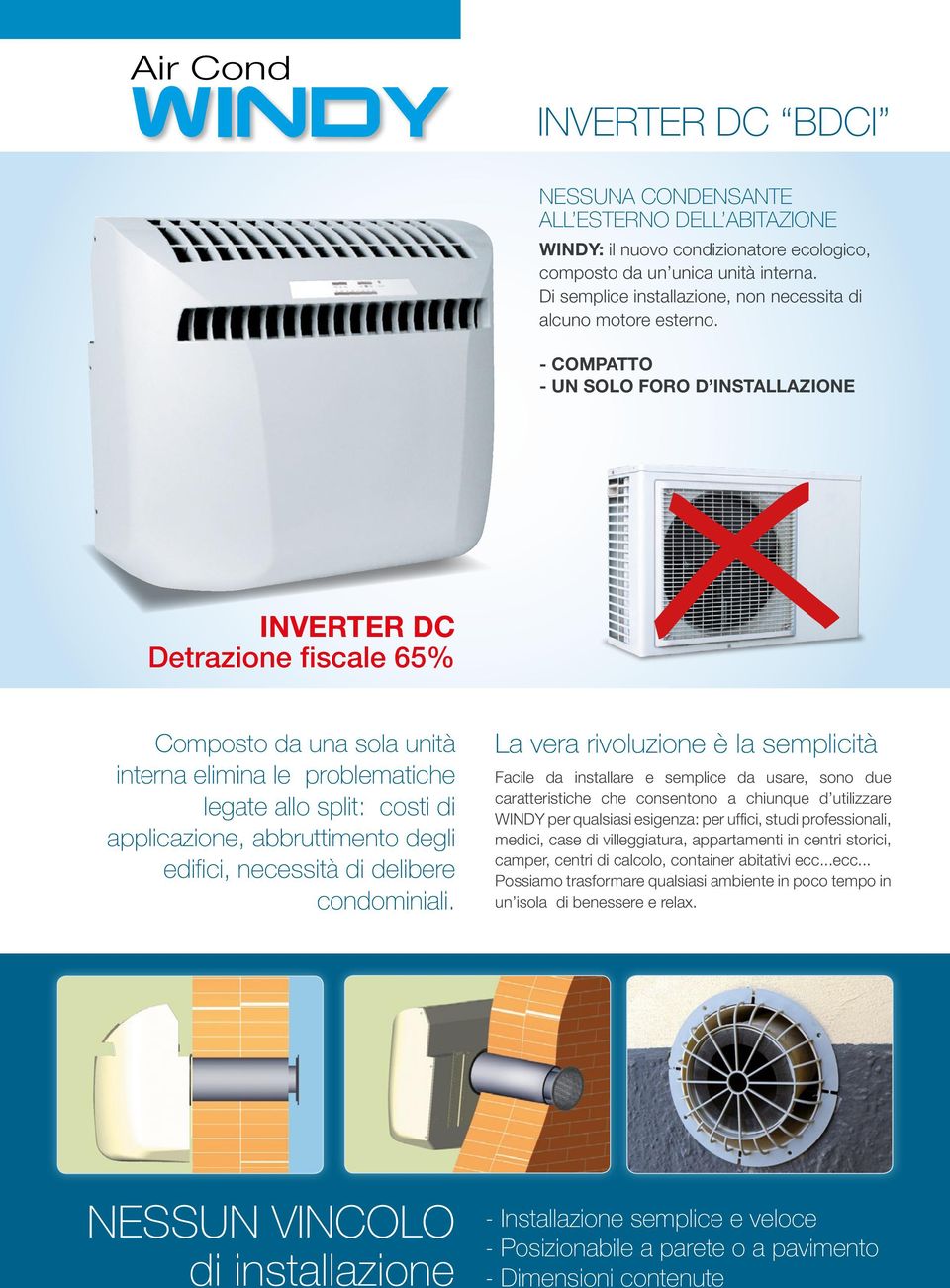 - COMPATTO - UN SOLO FORO D INSTALLAZIONE INVERTER DC Detrazione fiscale 65% Composto da una sola unità interna elimina le problematiche legate allo split: costi di applicazione, abbruttimento degli