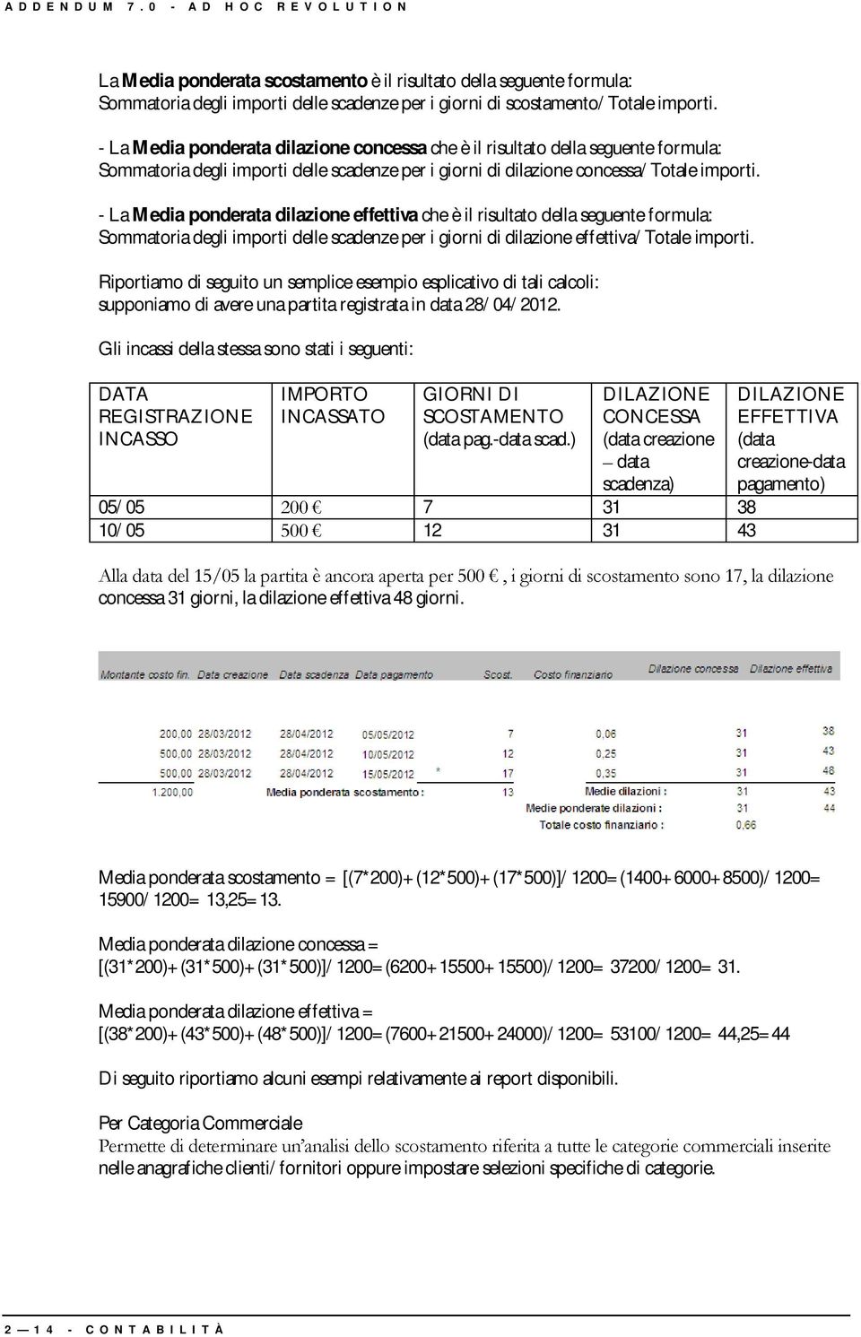 - La Media ponderata dilazione concessa che è il risultato della seguente formula: Sommatoria degli importi delle scadenze per i giorni di dilazione concessa/totale importi.