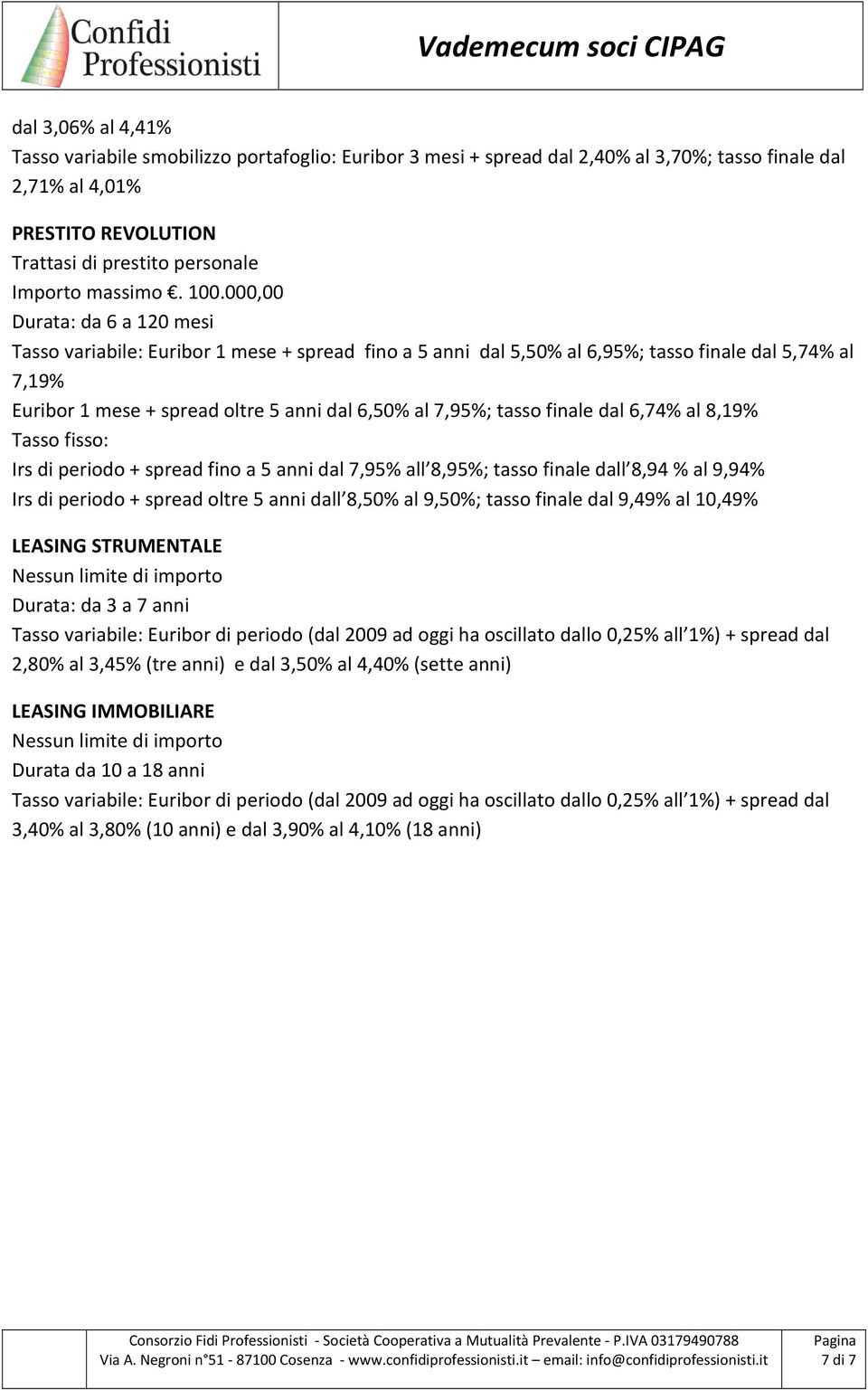 000,00 Durata: da 6 a 120 mesi Tasso variabile: Euribor 1 mese + spread fino a 5 anni dal 5,50% al 6,95%; tasso finale dal 5,74% al 7,19% Euribor 1 mese + spread oltre 5 anni dal 6,50% al 7,95%;