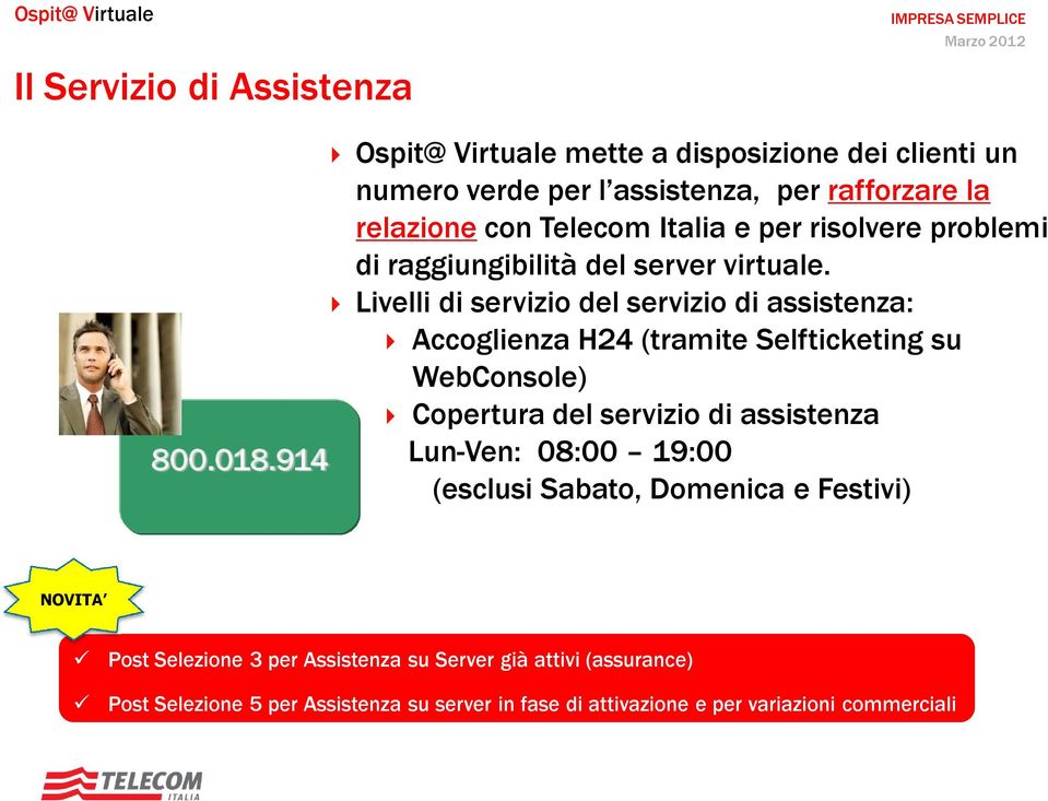 Livelli di servizio del servizio di assistenza: Accoglienza H24 (tramite Selfticketing su WebConsole) Copertura del servizio di assistenza 800.018.