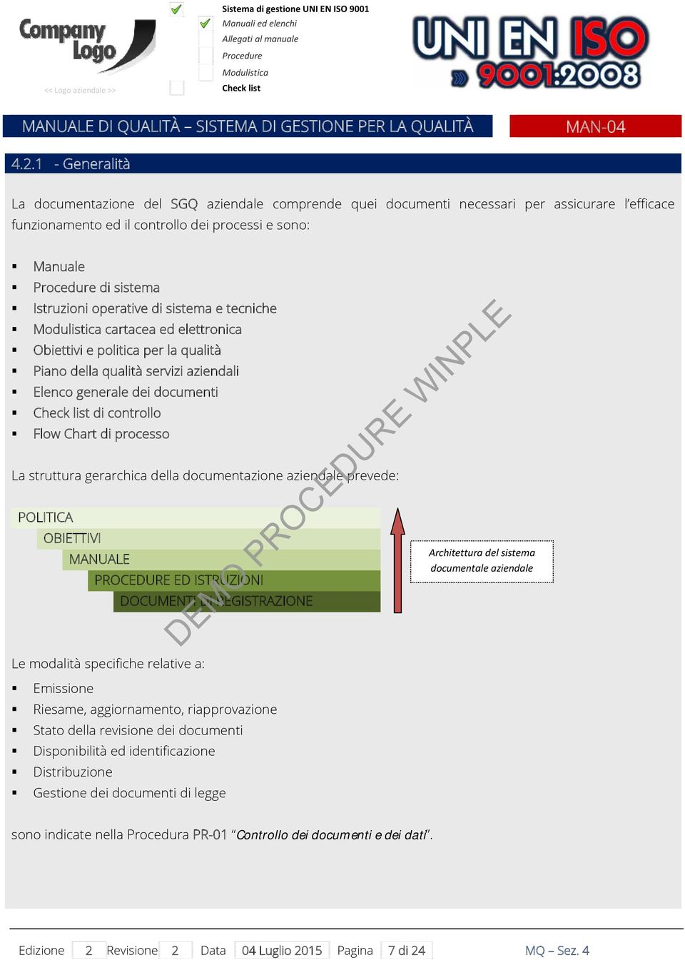 operative di sistema e tecniche cartacea ed elettronica Obiettivi e politica per la qualità Piano della qualità servizi aziendali Elenco generale dei documenti di controllo Flow Chart di processo La