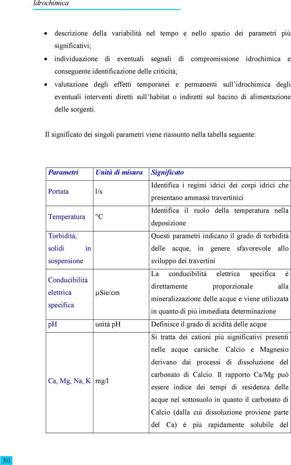 Il significato dei singoli parametri viene riassunto nella tabella seguente: Parametri Unità di misura Significato Portata l/s Identifica i regimi idrici dei corpi idrici che presentano ammassi