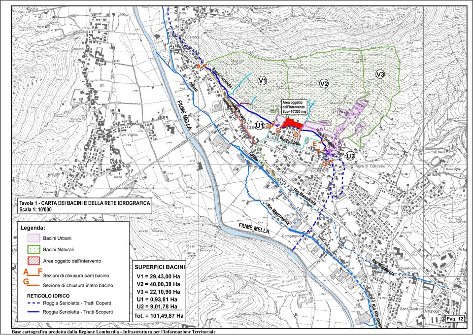 parti bacino Sezione di chiusura intero bacino RETICOLO IDRICO Roggia Serioletta - Tratti Coperti Roggia Serioletta - Tratti Scoperti SUPERFICI BACINI V1 = 29,43,00 Ha V2 = 40,00,38 Ha V3 =