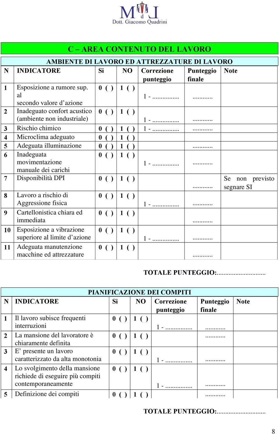 .. manuale dei carichi 7 Disponibilità DPI Se non previsto segnare SI 8 Lavoro a rischio di Aggressione fisica 1 -.