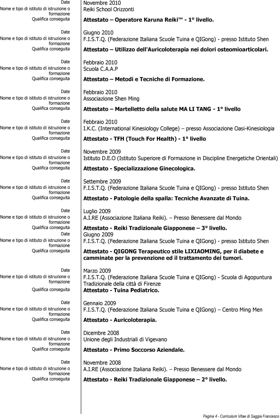 Febbraio 2010 Associazione Shen Ming Qualifica conseguita Attestato Martelletto della salute MA LI TANG - 1 livello Febbraio 2010 I.K.C.