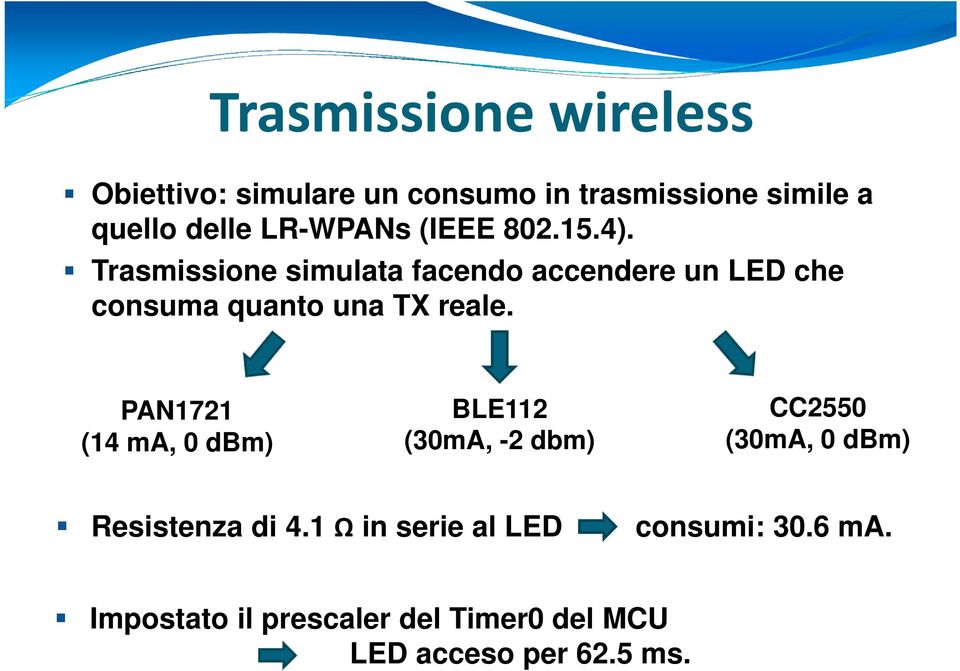 Trasmissione simulata facendo accendere un LED che consuma quanto una TX reale.