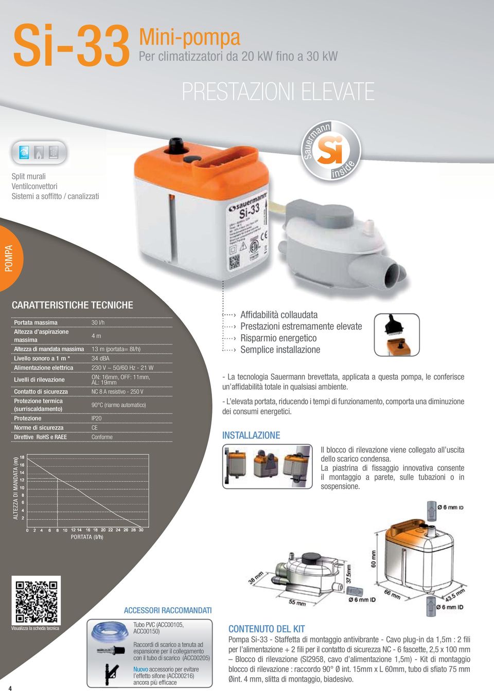 collaudata Prestazioni estremamente elevate Risparmio energetico Semplice installazione - La tecnologia Sauermann brevettata, applicata a questa pompa, le conferisce un affidabilità totale in