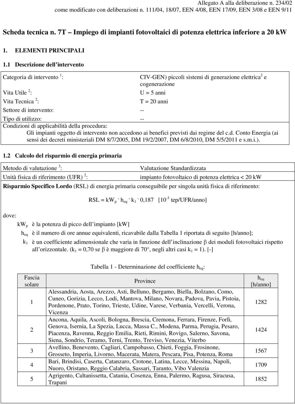 1 Descrizione dell intervento Categoria di intervento 1 : CIV-GEN) piccoli sistemi di generazione elettrica 2 e cogenerazione Vita Utile 2 : U = 5 anni Vita Tecnica 2 : T = 20 anni Settore di