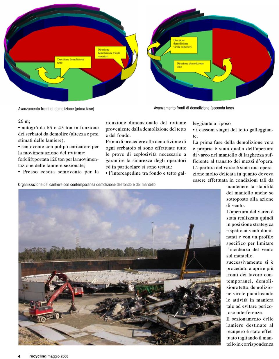 cantiere con contemporanea demolizione del fondo e del mantello riduzione dimensionale del rottame proveniente dalla demolizione del tetto e del fondo.