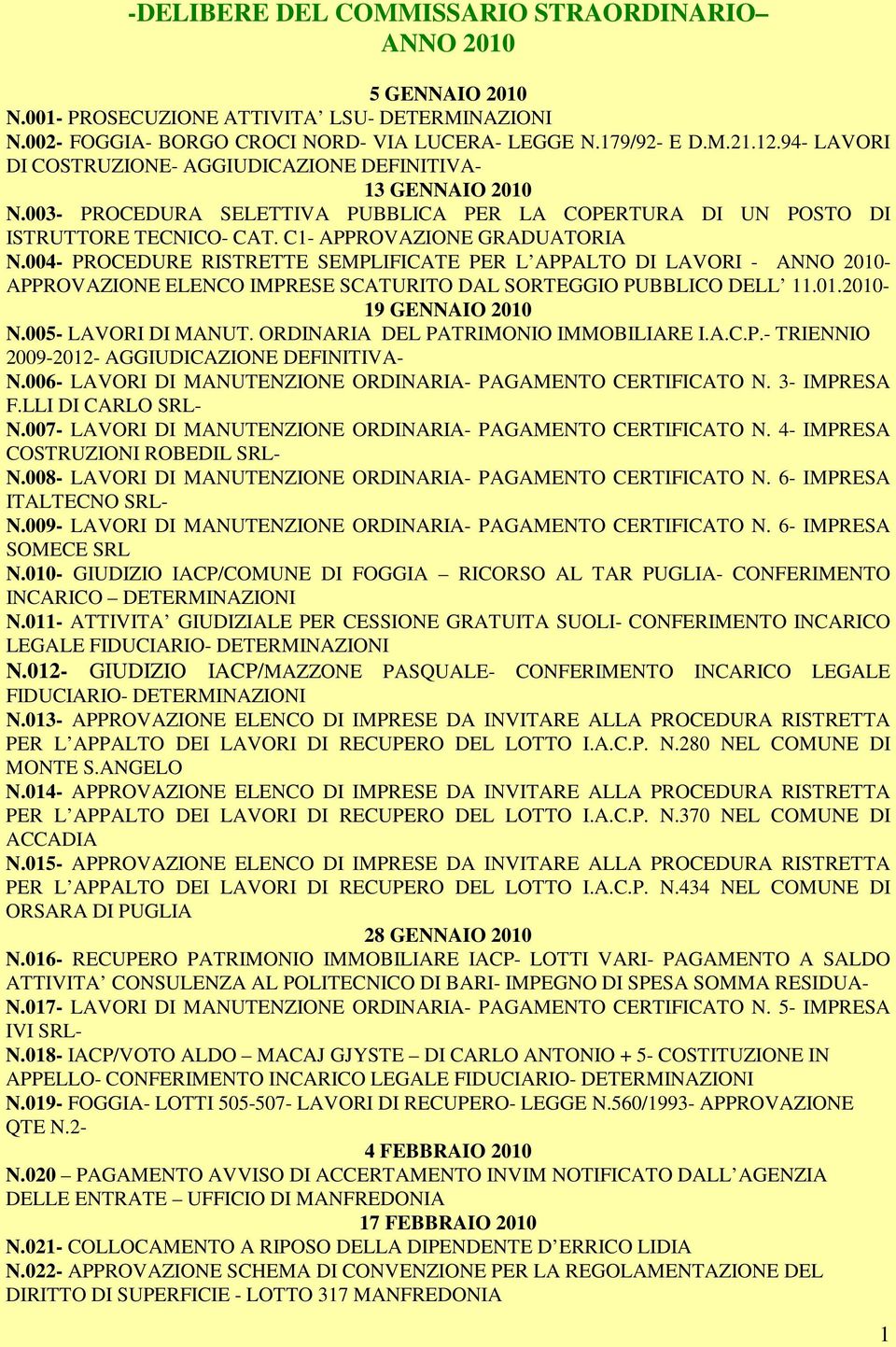 004- PROCEDURE RISTRETTE SEMPLIFICATE PER L APPALTO DI LAVORI - ANNO 2010- APPROVAZIONE ELENCO IMPRESE SCATURITO DAL SORTEGGIO PUBBLICO DELL 11.01.2010-19 GENNAIO 2010 N.005- LAVORI DI MANUT.