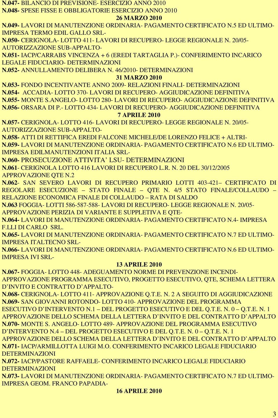 )- CONFERIMENTO INCARICO LEGALE FIDUCIARIO- N.052- ANNULLAMENTO DELIBERA N. 46/2010-31 MARZO 2010 N.053- FONDO INCENTIVANTE ANNO 2009- RELAZIONI FINALI- N.