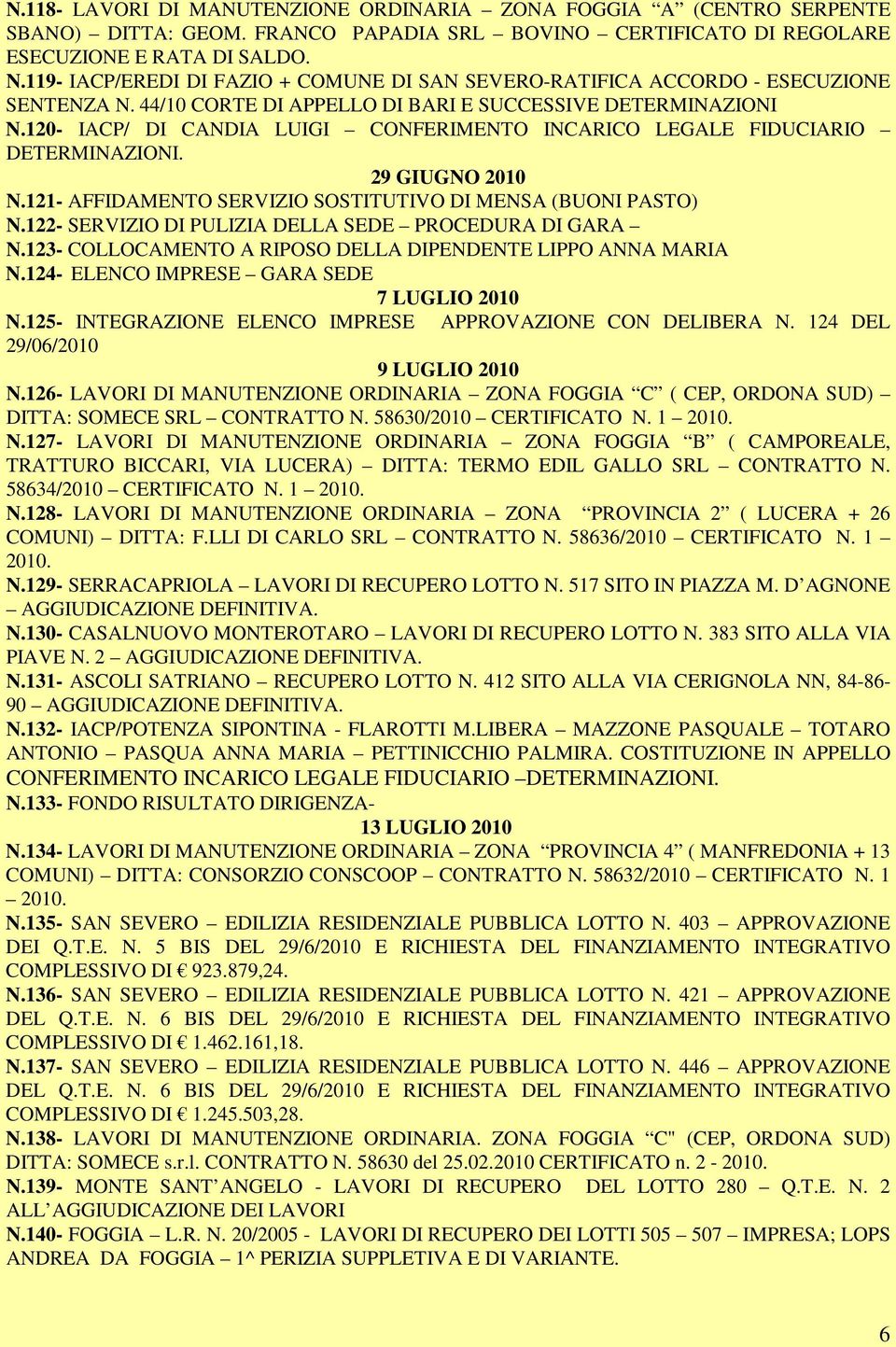 120- IACP/ DI CANDIA LUIGI CONFERIMENTO INCARICO LEGALE FIDUCIARIO. 29 GIUGNO 2010 N.121- AFFIDAMENTO SERVIZIO SOSTITUTIVO DI MENSA (BUONI PASTO) N.