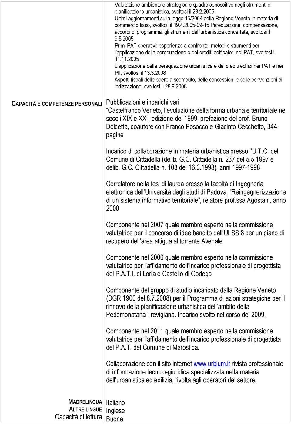 5.2005 Primi PAT operativi: esperienze a confronto; metodi e strumenti per l applicazione della perequazione e dei crediti edificatori nei PAT, svoltosi il 11.