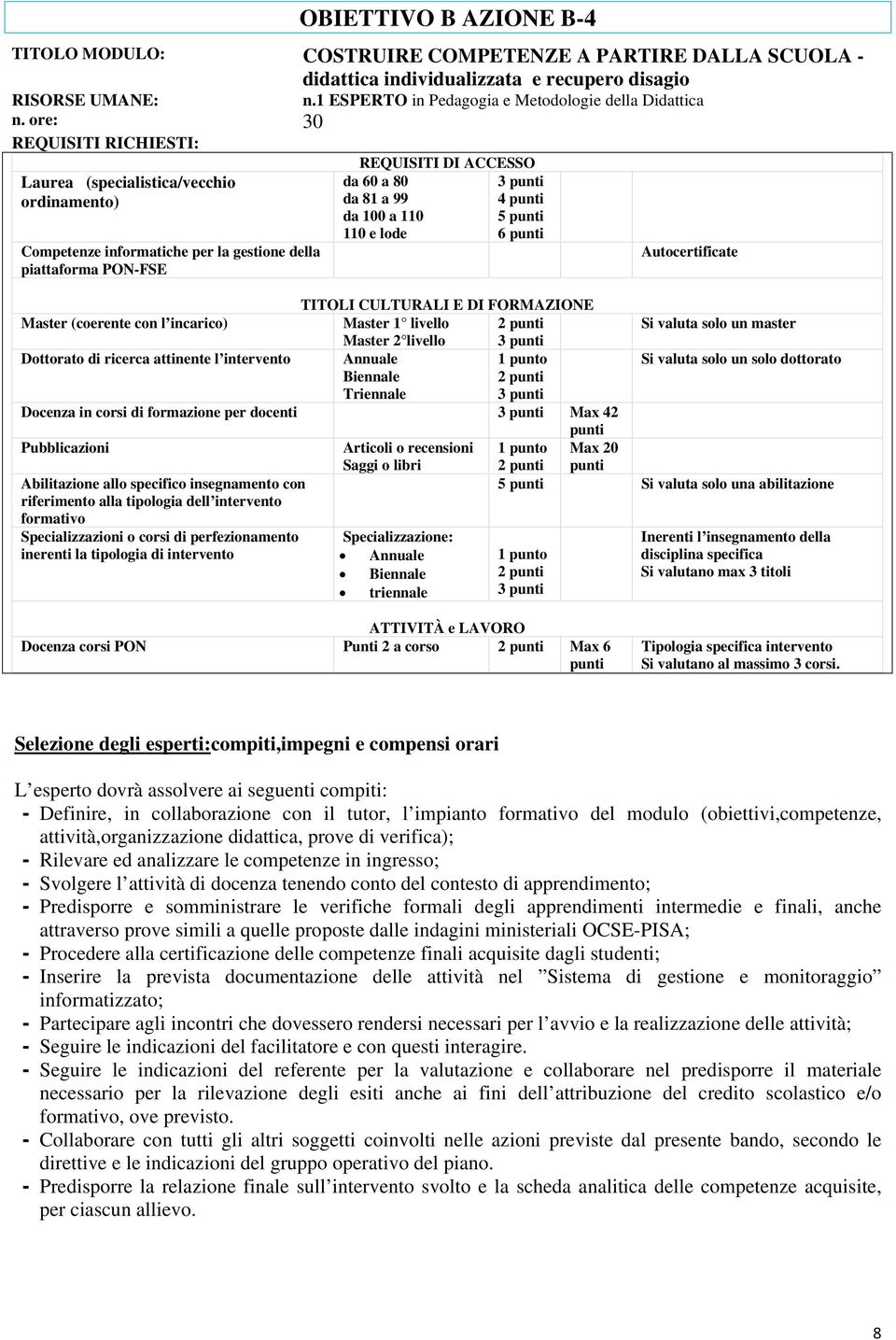 Si valuta solo una abilitazione Docenza corsi PON Punti 2 a corso Max 6 Selezione degli esperti:compiti,impegni e compensi orari L esperto dovrà assolvere ai seguenti compiti: - Definire, in