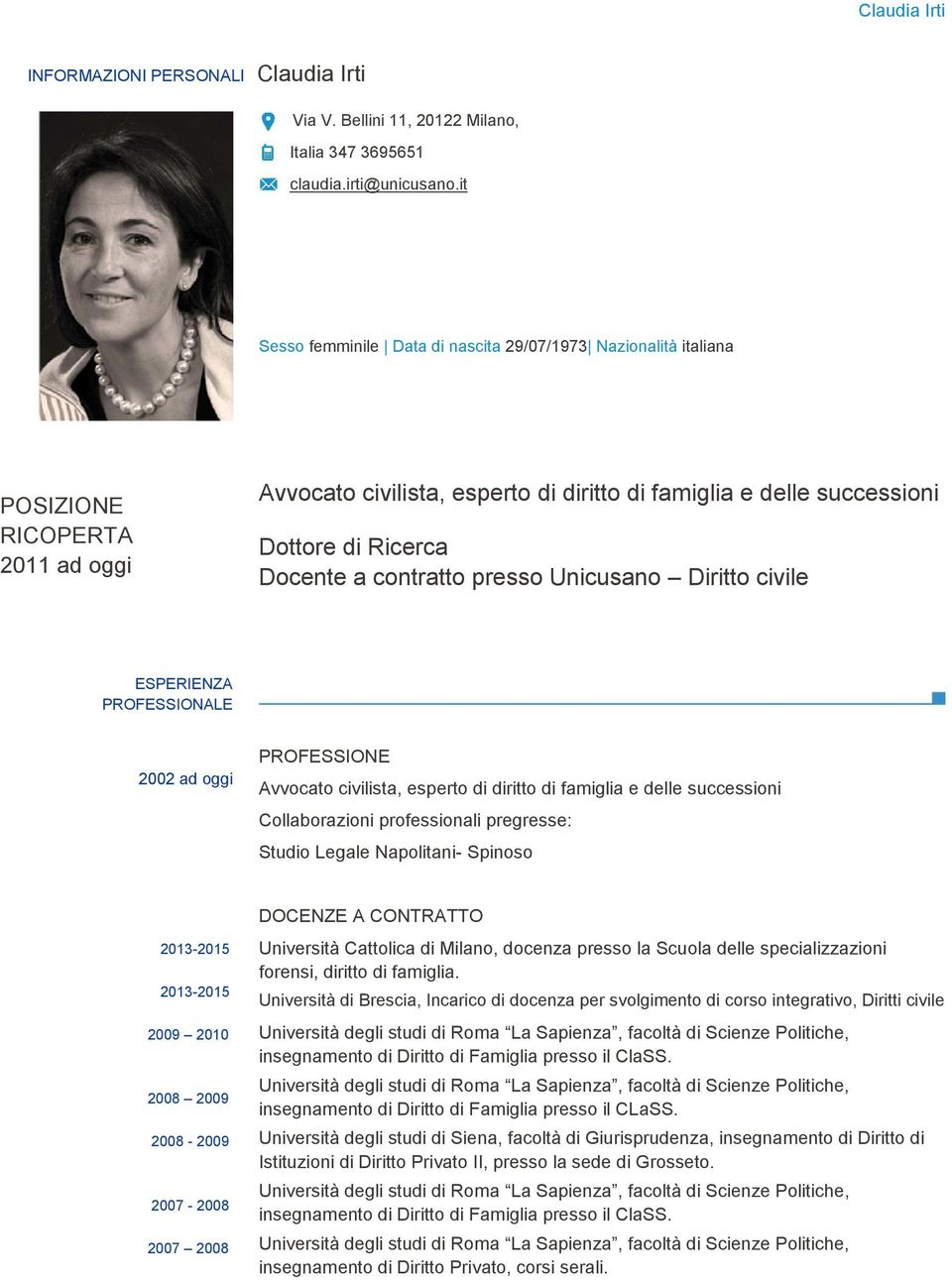 contratto presso Unicusano Diritto civile ESPERIENZA PROFESSIONALE 2002 ad oggi PROFESSIONE Avvocato civilista, esperto di diritto di famiglia e delle successioni Collaborazioni professionali