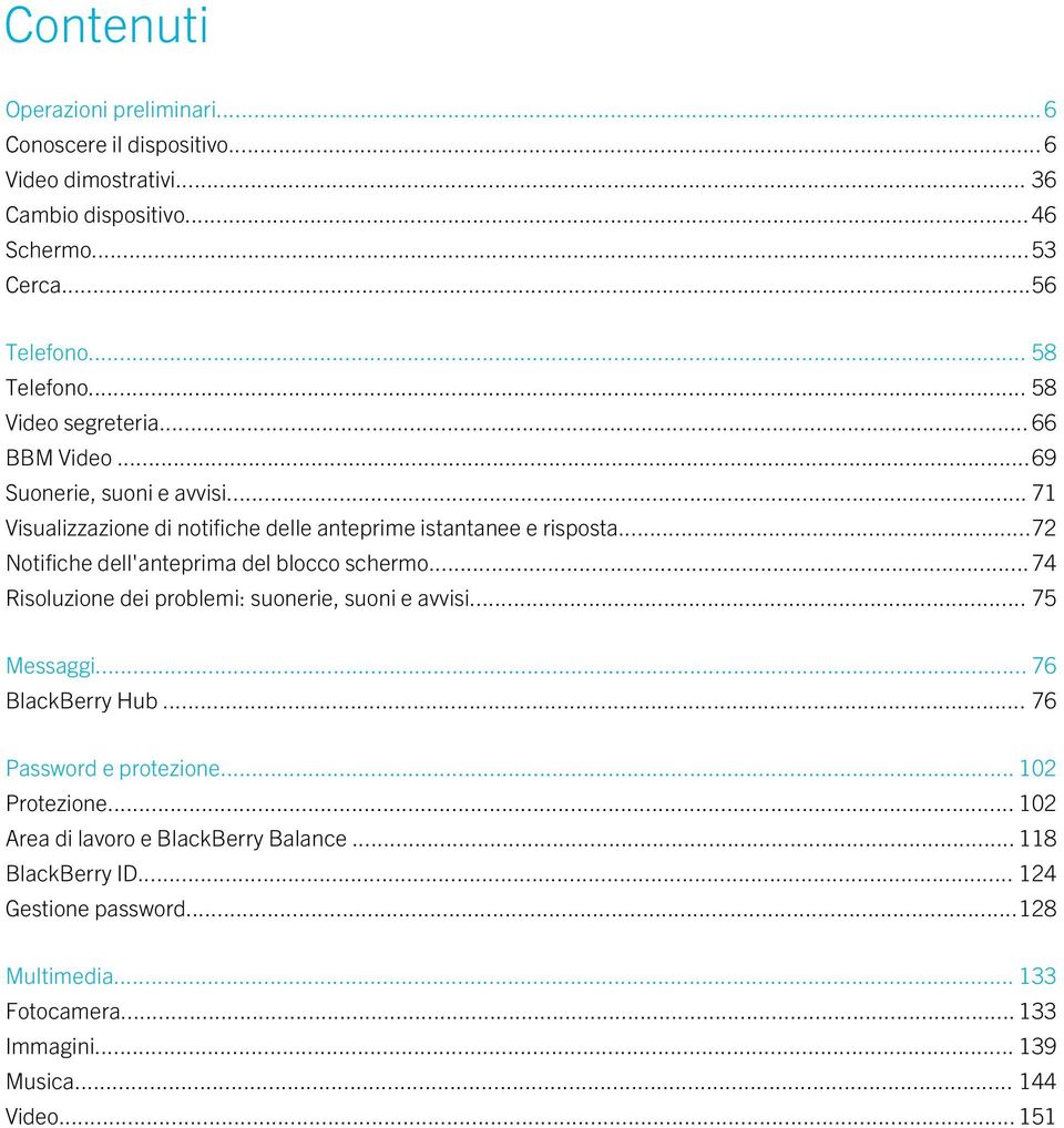 ..72 Notifiche dell'anteprima del blocco schermo...74 Risoluzione dei problemi: suonerie, suoni e avvisi... 75 Messaggi... 76 BlackBerry Hub... 76 Password e protezione.