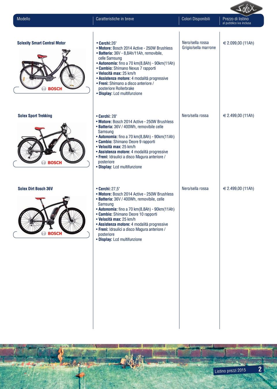 099,00 (11Ah) Solex Sport Trekking Cerchi: 28" Motore: Bosch 2014 Active - 250W Brushless Batteria: 36V / 400Wh, removibile celle Samsung Autonomia: fino a 70 km(8,8ah) - 90km(11Ah) Cambio: Shimano