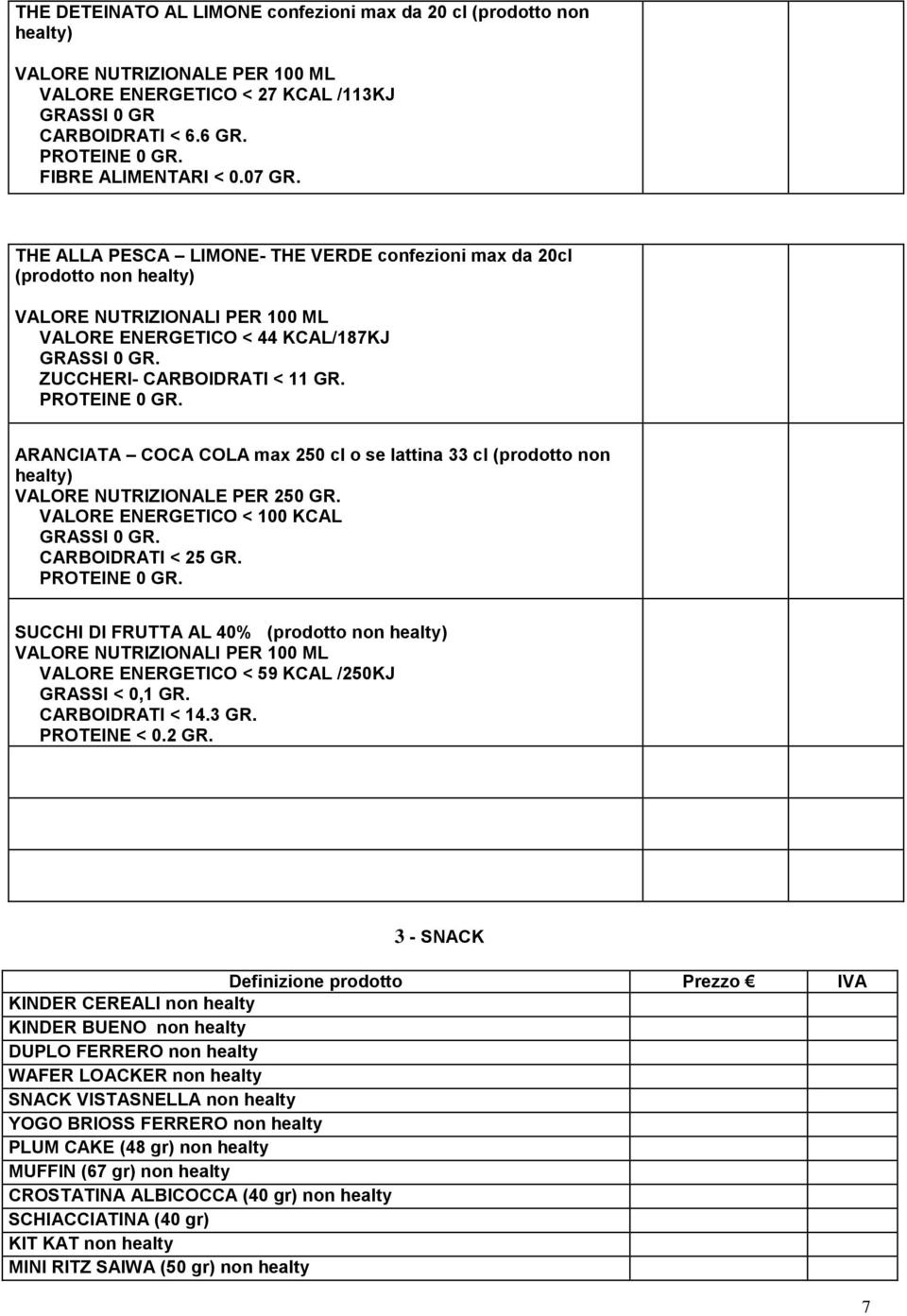 ZUCCHERI- CARBOIDRATI < 11 GR. PROTEINE 0 GR. ARANCIATA COCA COLA max 250 cl o se lattina 33 cl (prodotto non healty) VALORE NUTRIZIONALE PER 250 GR. VALORE ENERGETICO < 100 KCAL GRASSI 0 GR.