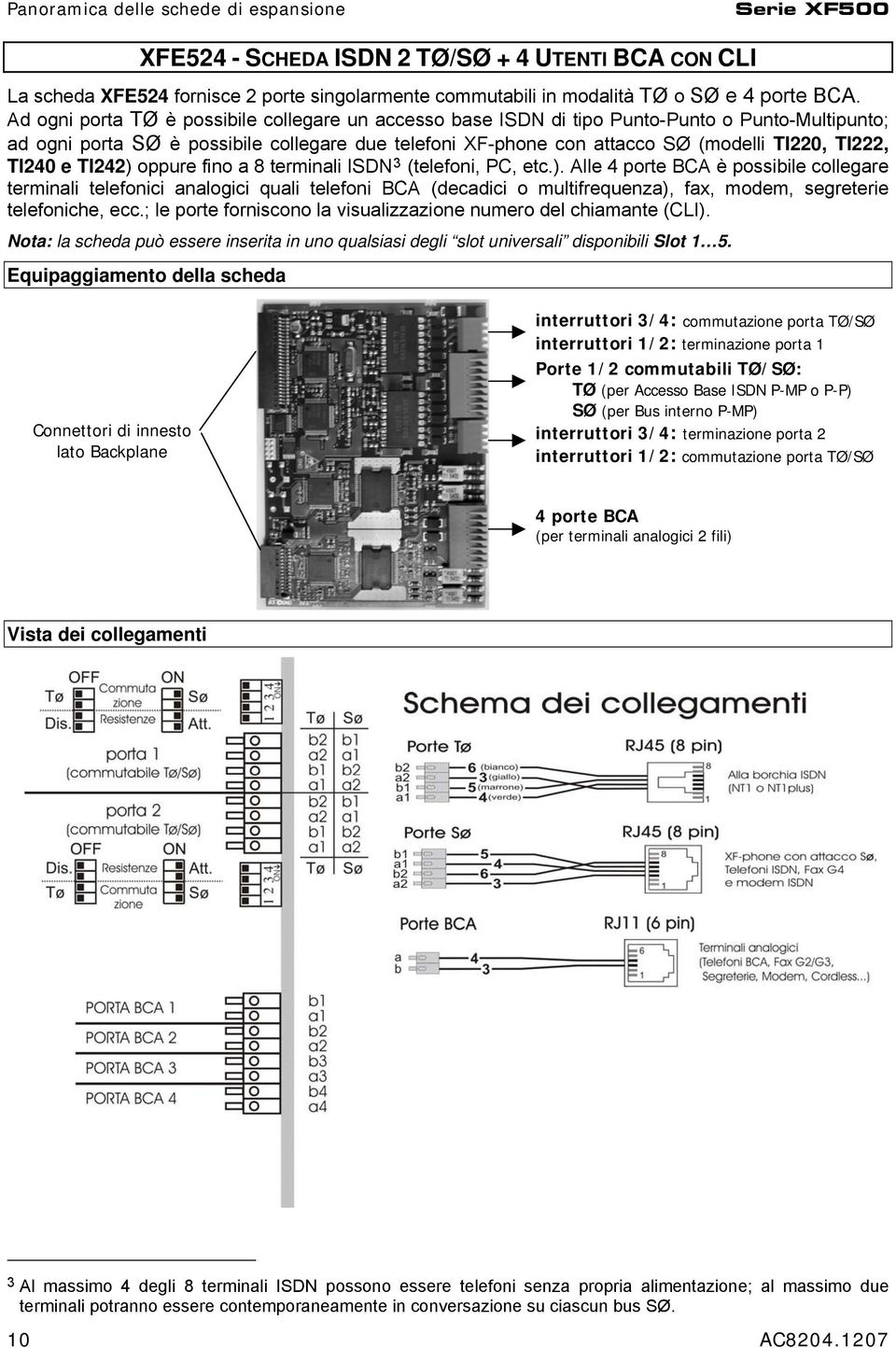 TI240 e TI242) oppure fino a 8 terminali ISDN 3 (telefoni, PC, etc.). Alle 4 porte BCA è possibile collegare terminali telefonici analogici quali telefoni BCA (decadici o multifrequenza), fax, modem, segreterie telefoniche, ecc.