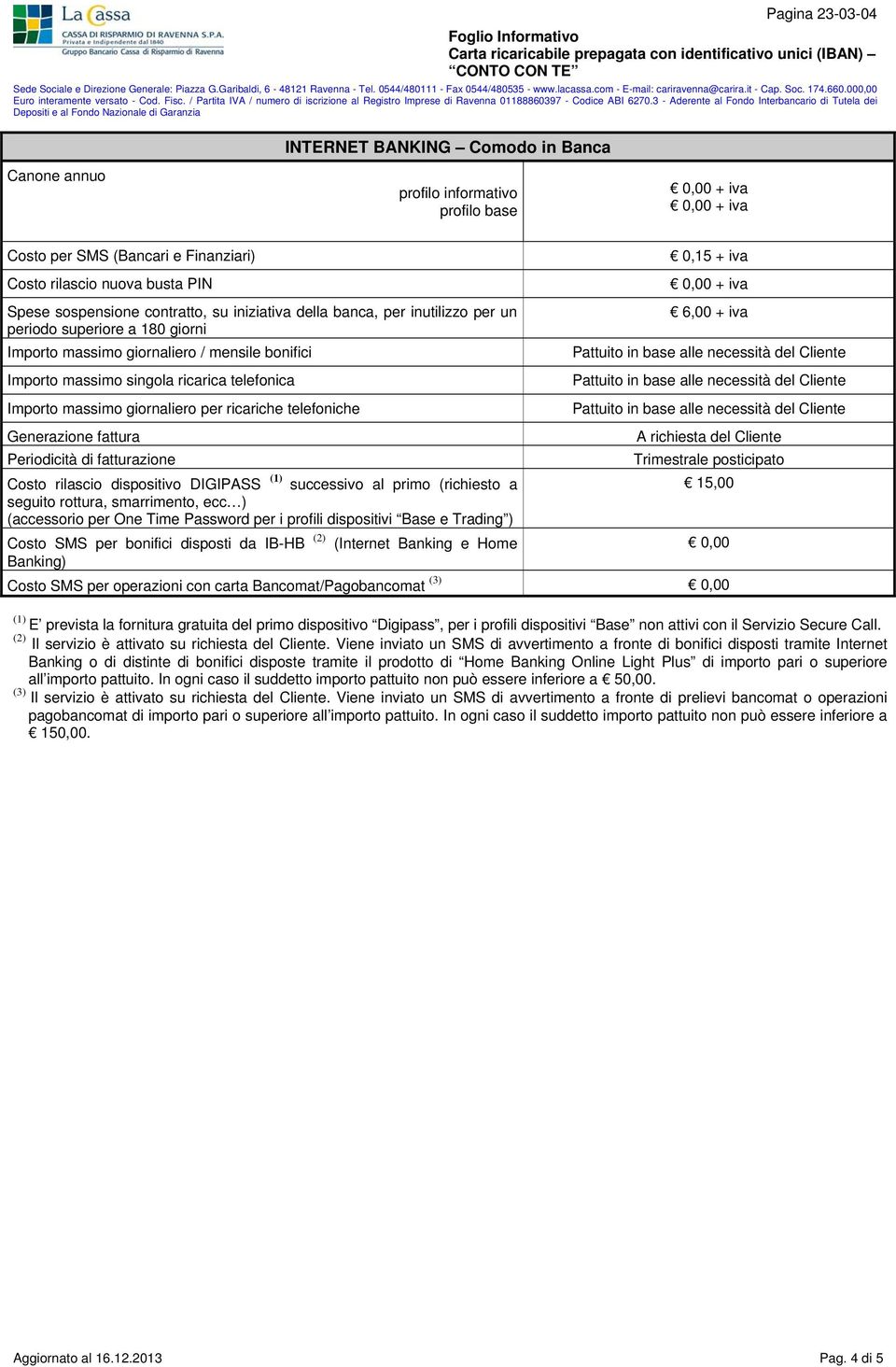 ricariche telefoniche 0,15 + iva 6,00 + iva Generazione fattura A richiesta del Cliente Periodicità di fatturazione Trimestrale posticipato Costo rilascio dispositivo DIGIPASS (1) successivo al primo