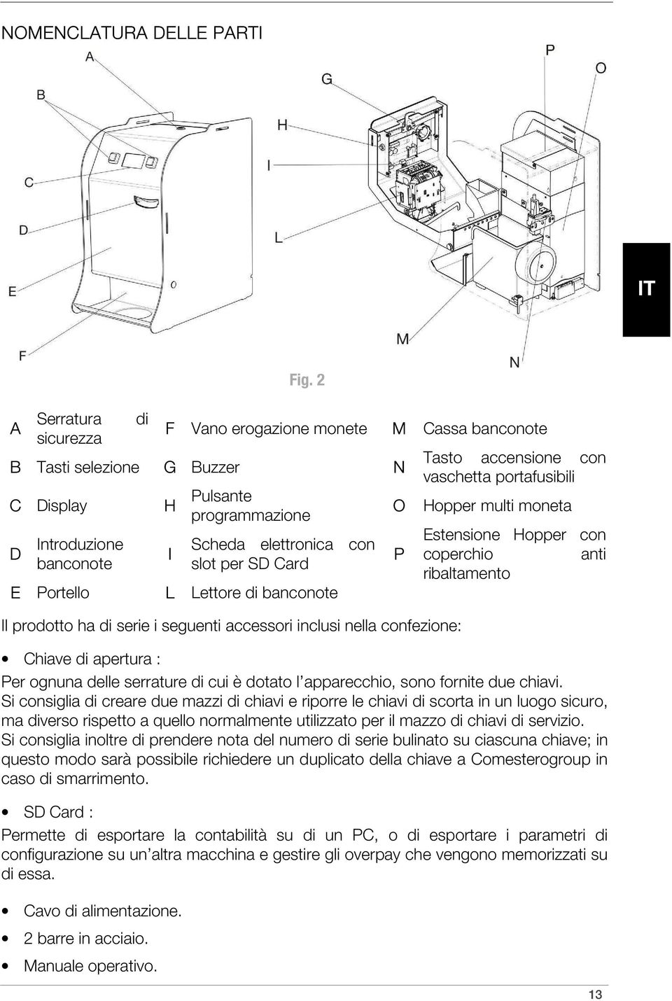 prodotto ha di serie i seguenti accessori inclusi nella confezione: M Cassa banconote Tasto accensione con vaschetta portafusibili O Hopper multi moneta P Estensione Hopper con coperchio anti